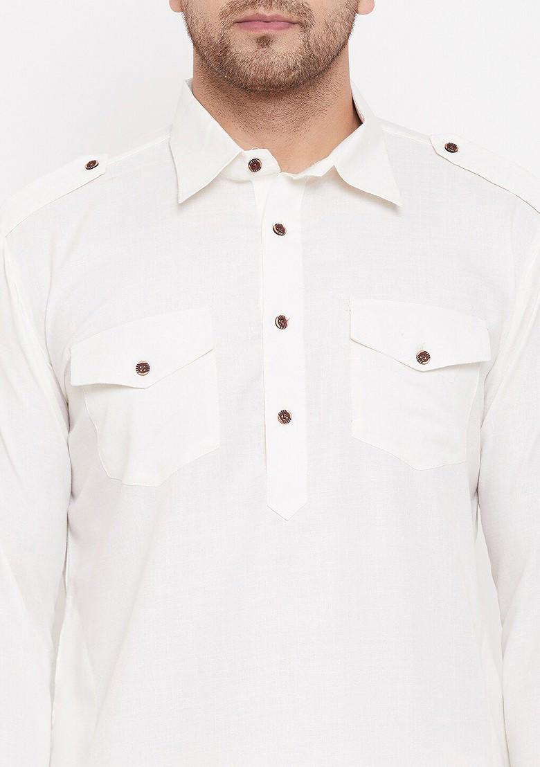 Cream Solid Pathani Kurta Set For Men