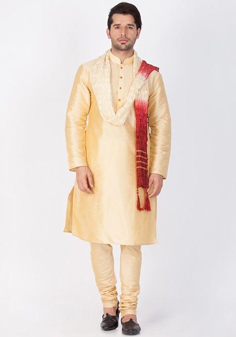 Gold Solid Poly Blend Kurta Set For Men