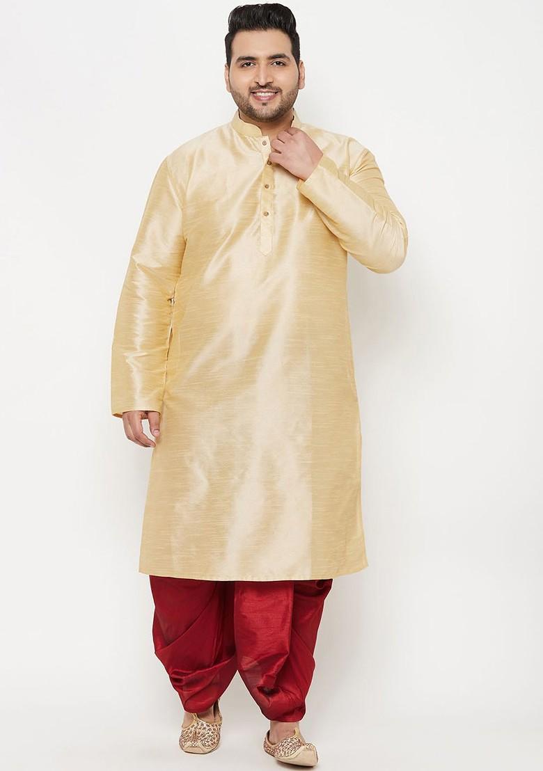 Gold Solid Poly Blend Kurta Set For Men