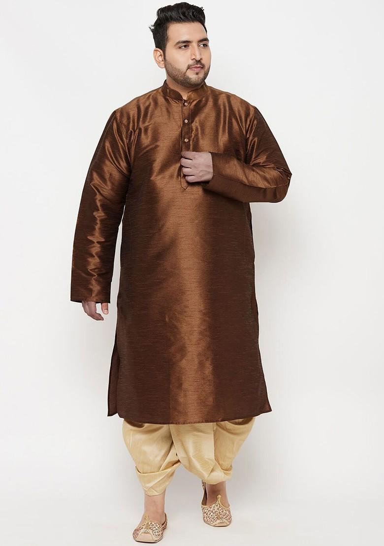 Coffee Brown Solid Poly Blend Kurta Set For Men