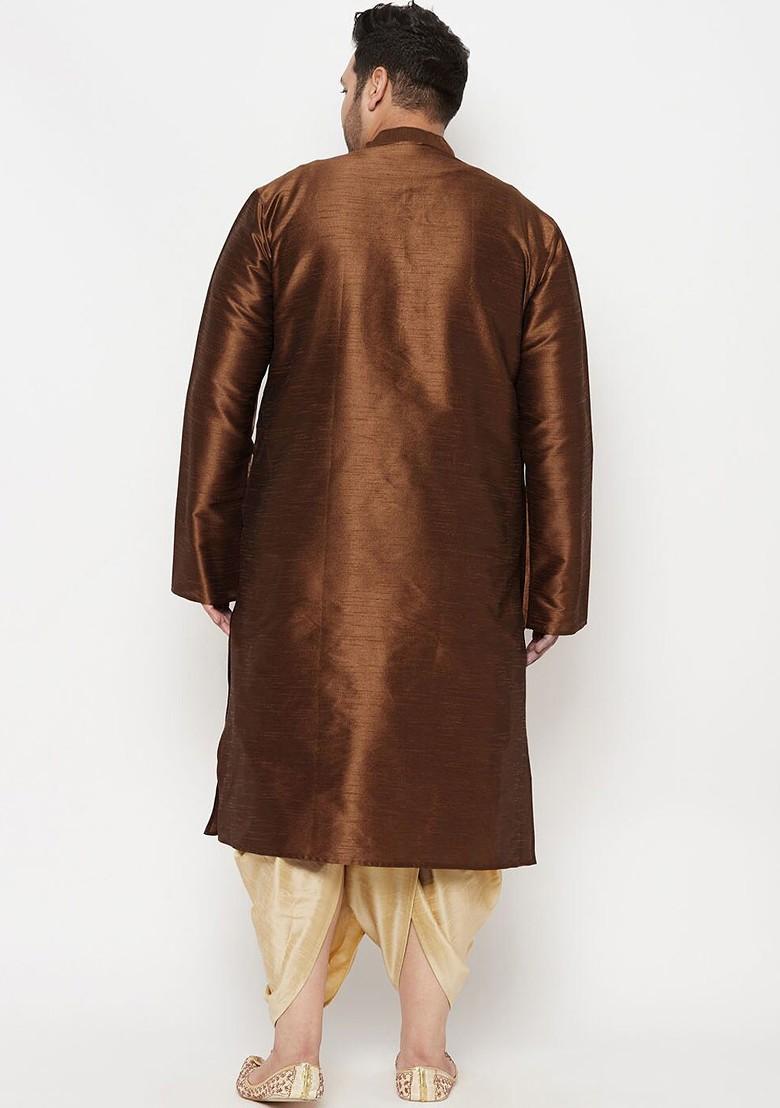 Coffee Brown Solid Poly Blend Kurta Set For Men