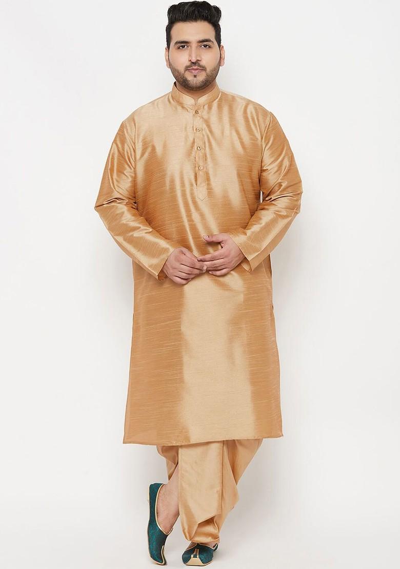 Rose Gold Solid Poly Blend Kurta Set For Men