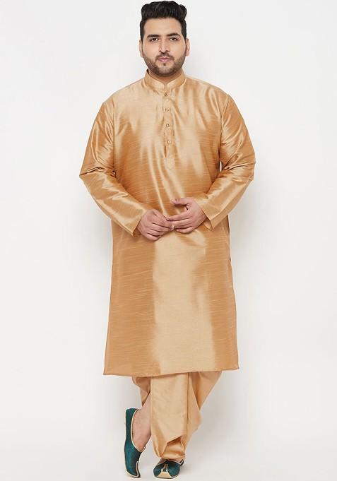Rose Gold Solid Poly Blend Kurta Set For Men