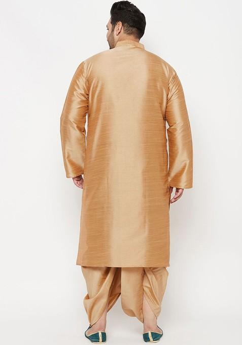 Rose Gold Solid Poly Blend Kurta Set For Men