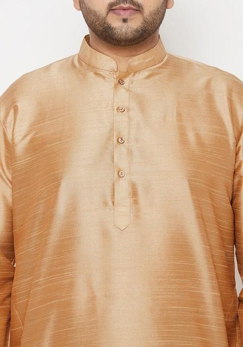 Rose Gold Solid Poly Blend Kurta Set For Men
