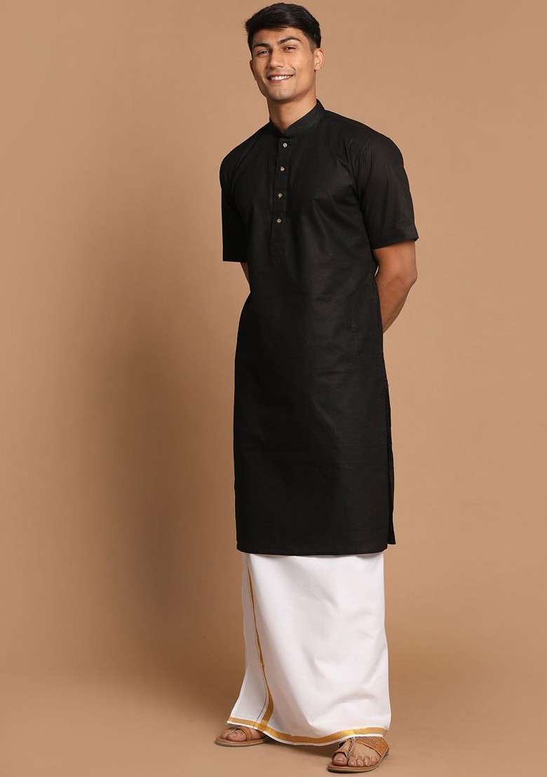 Black Solid Cotton Kurta Set For Men - Indya