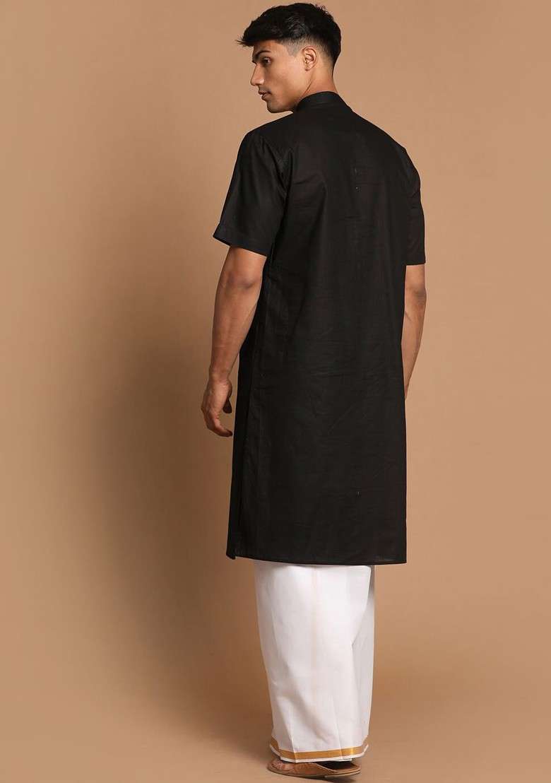 Black Solid Cotton Kurta Set For Men - Indya
