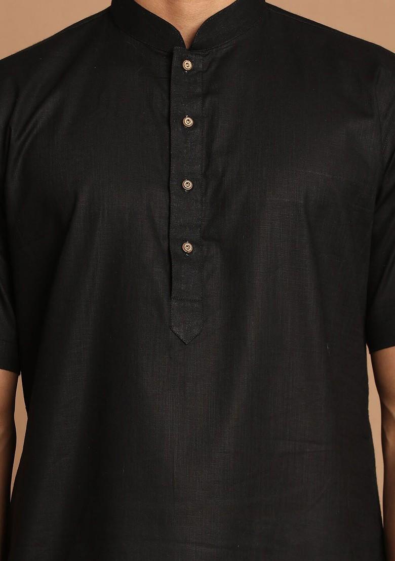 Black Solid Cotton Kurta Set For Men
