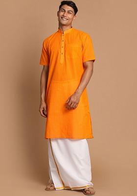 Orange Striped Cotton Kurta Set For Men