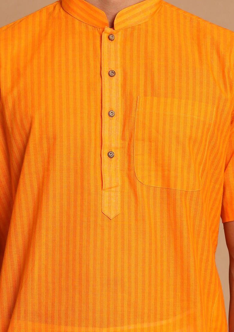 Orange Striped Cotton Kurta Set For Men