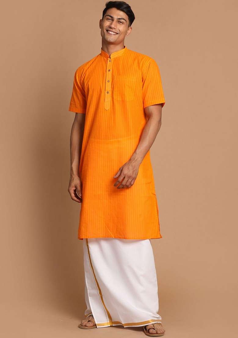 Orange Striped Cotton Kurta Set For Men - Indya