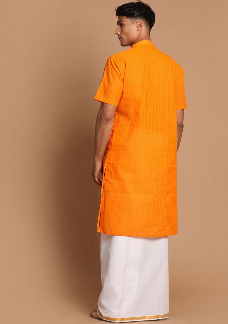 Orange Striped Cotton Kurta Set For Men