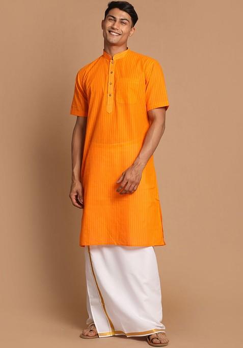 Orange Striped Cotton Kurta Set For Men — view on Indya