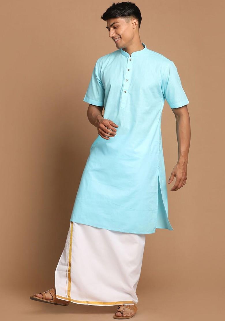 Blue Solid Poly Blend Kurta Set For Men