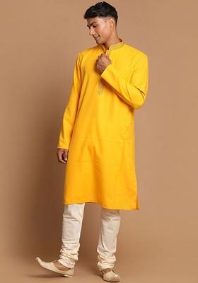 Yellow Embroidered Poly Blend Kurta Set For Men