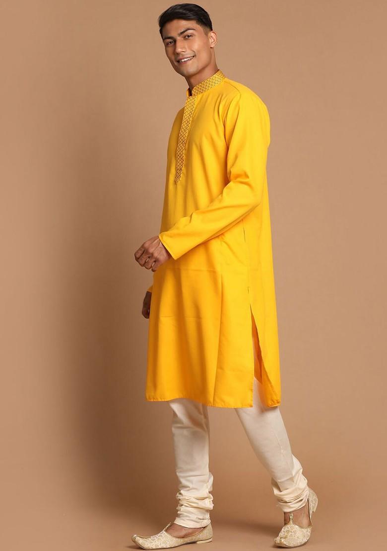 Yellow Embroidered Poly Blend Kurta Set For Men