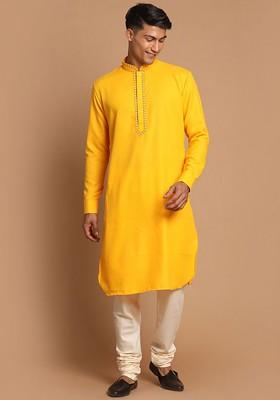 Yellow Embroidered Poly Blend Kurta Set For Men