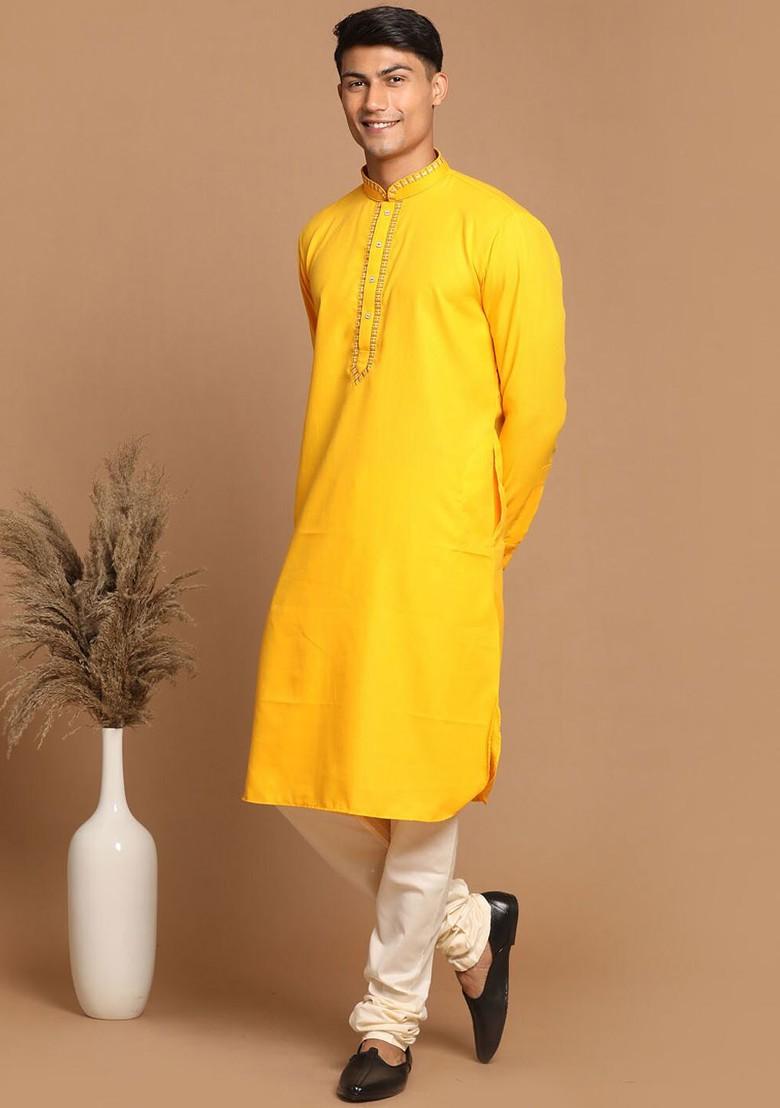 Yellow Embroidered Poly Blend Kurta Set For Men