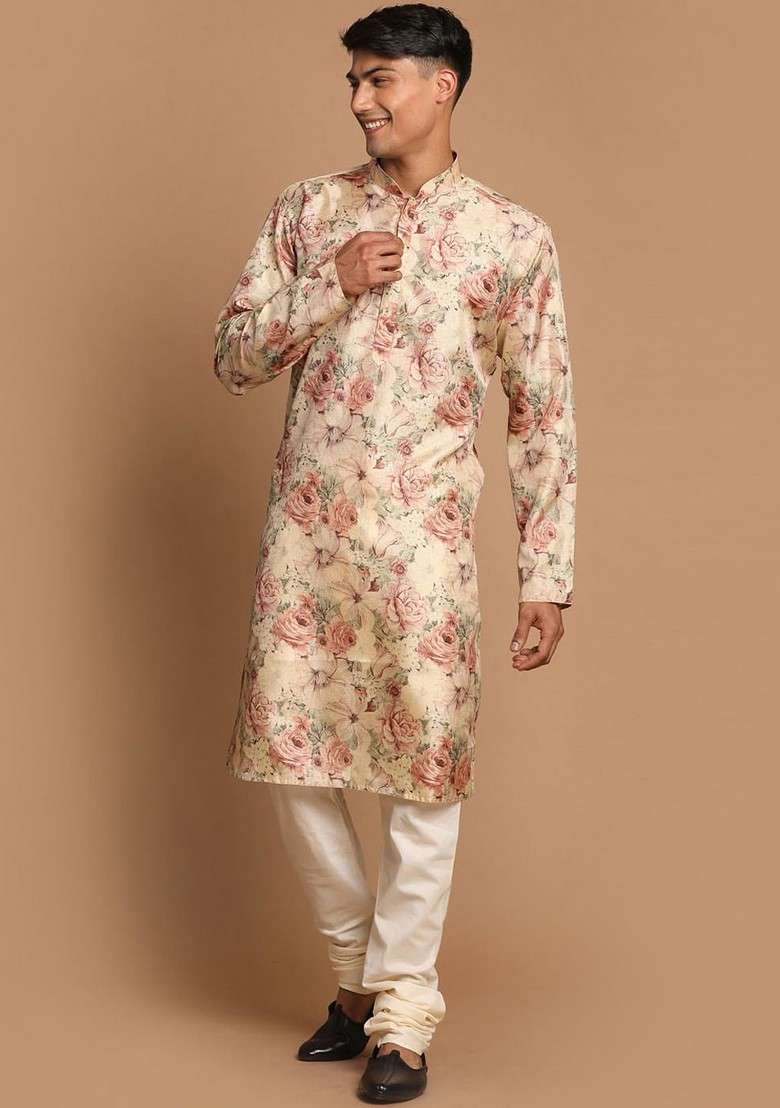 Beige Floral Print Poly Blend Kurta Set For Men - Indya