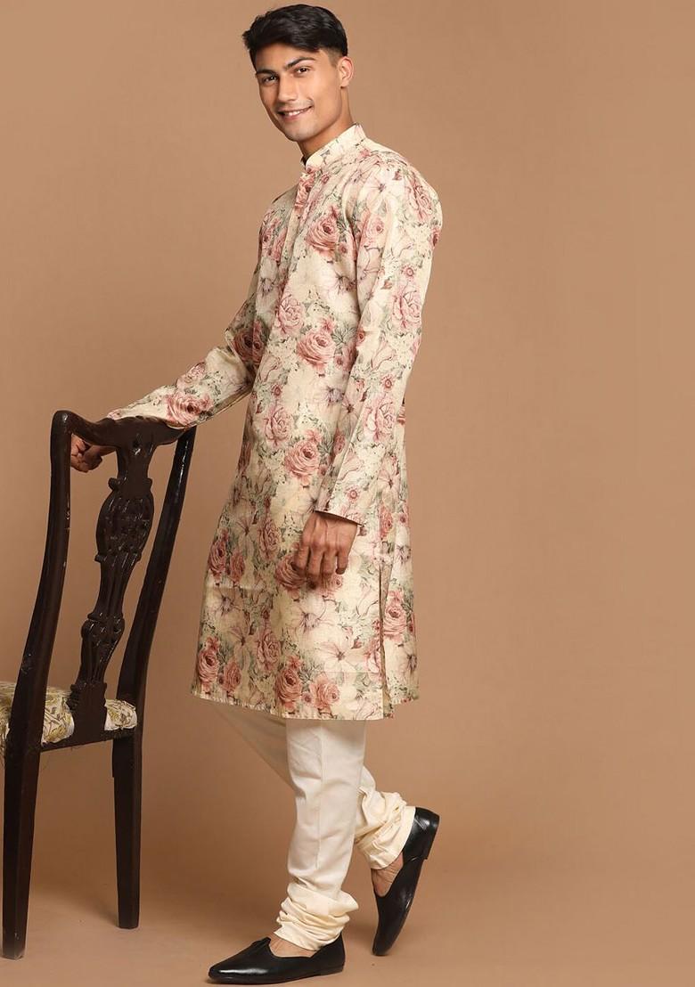 Beige Floral Print Poly Blend Kurta Set For Men