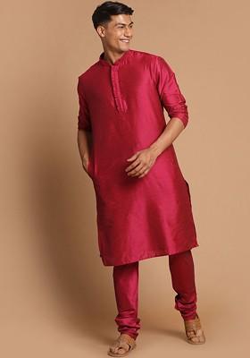 Fuchsia Pink Solid Poly Blend Kurta Set For Men
