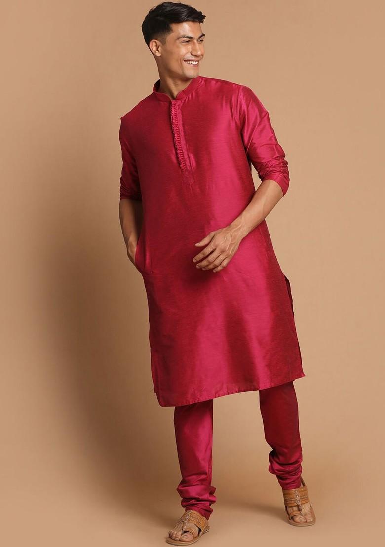 Fuchsia Pink Solid Poly Blend Kurta Set For Men
