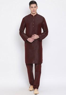 Burgundy Solid Poly Blend Kurta Set For Men