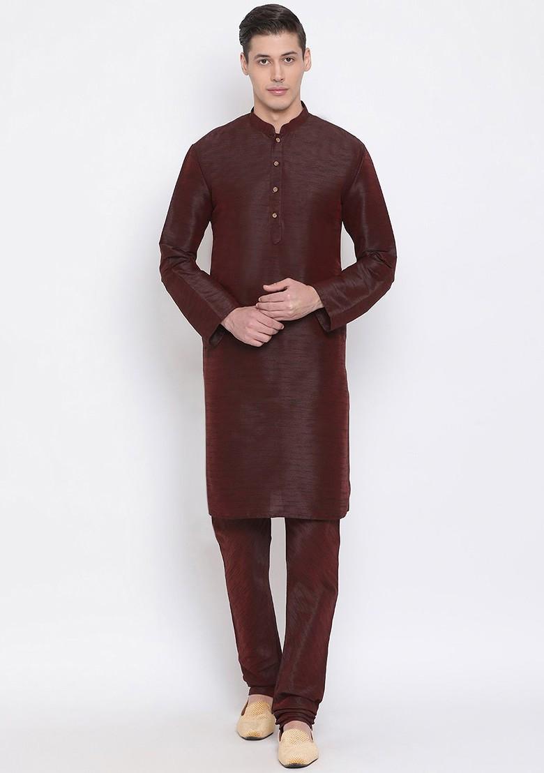 Burgundy Solid Poly Blend Kurta Set For Men