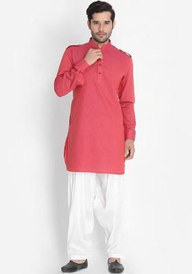 Red Solid Poly Blend Kurta Set For Men
