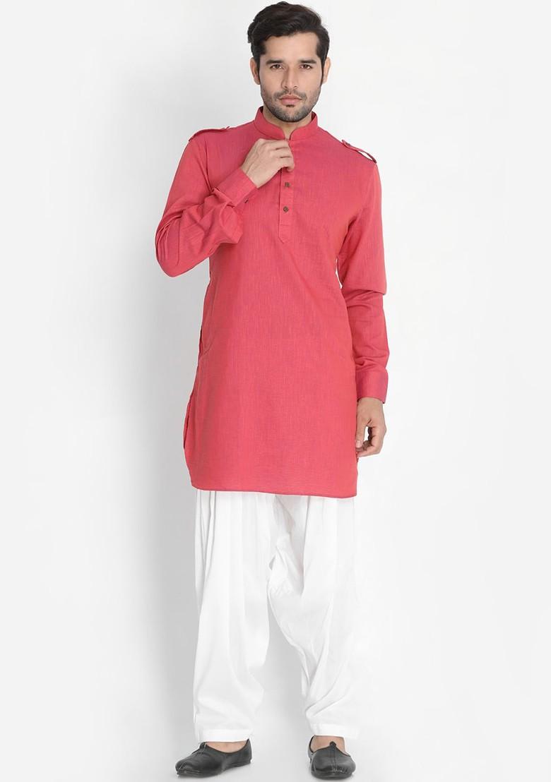 Red Solid Poly Blend Kurta Set For Men