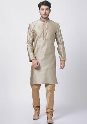 Beige Solid Poly Blend Kurta Set For Men