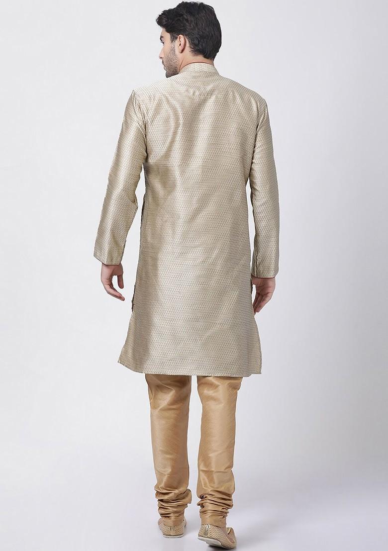 Beige Solid Poly Blend Kurta Set For Men