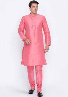 Pink Solid Poly Blend Kurta Set For Men