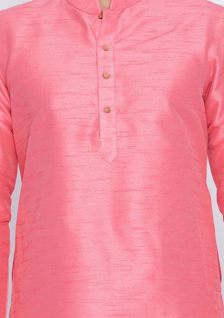 Pink Solid Poly Blend Kurta Set For Men