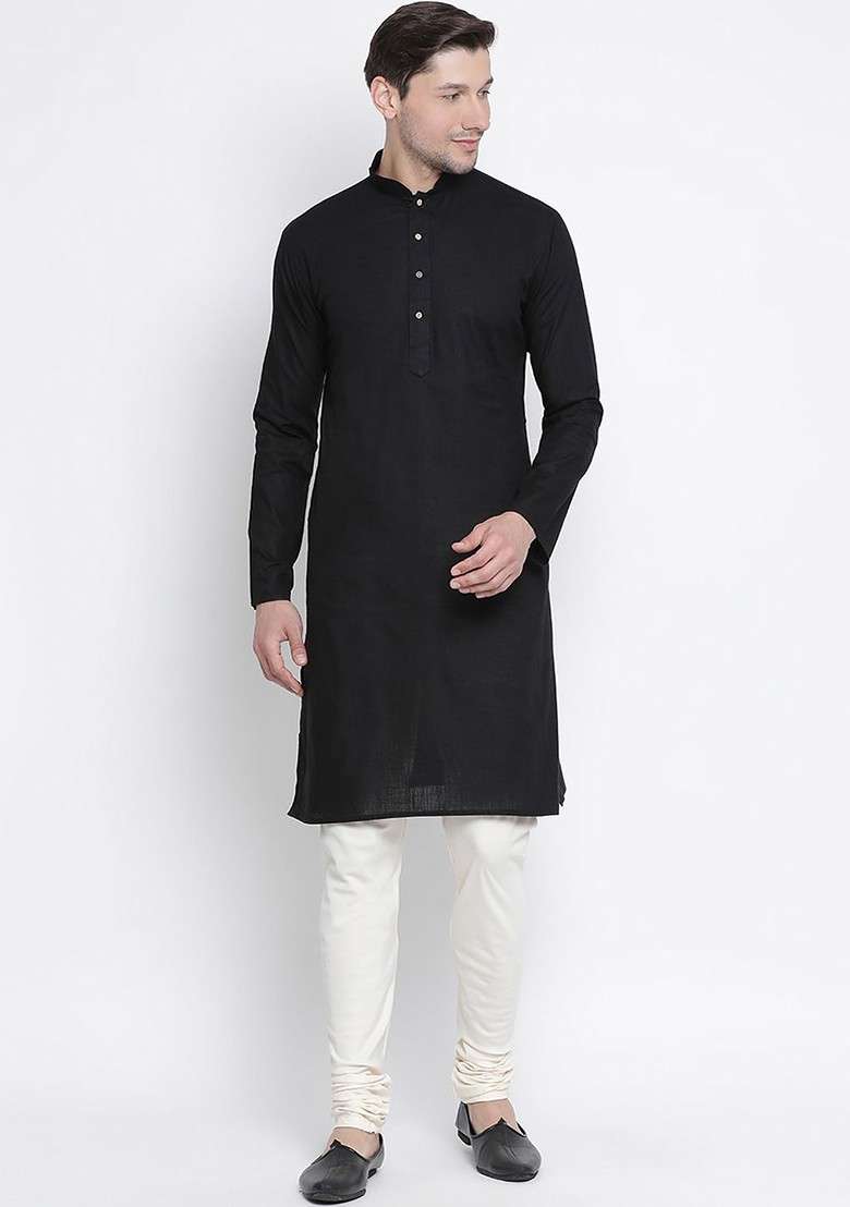 Black Solid Poly Blend Kurta Set For Men - Indya