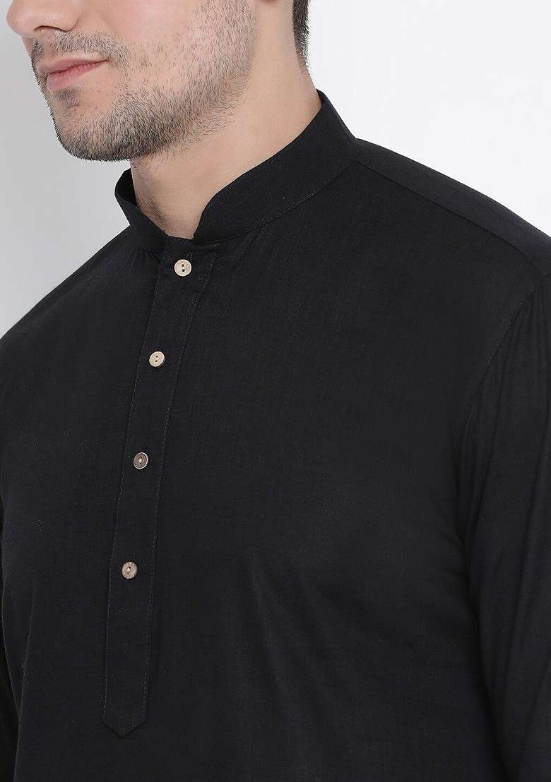 Black Solid Poly Blend Kurta Set For Men - Indya