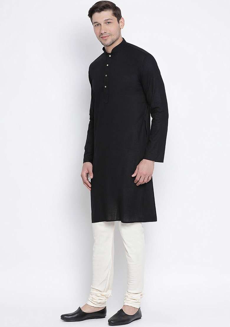 Black Solid Poly Blend Kurta Set For Men - Indya
