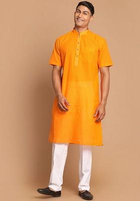 Orange Solid Cotton Kurta Set For Men