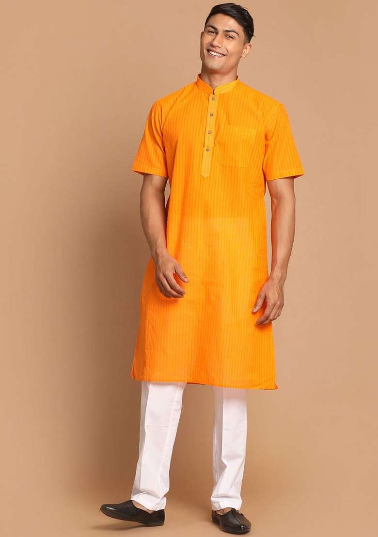 Orange Solid Cotton Kurta Set For Men - Indya