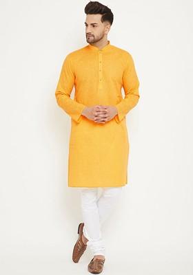 Yellow Solid Cotton Kurta Set For Men