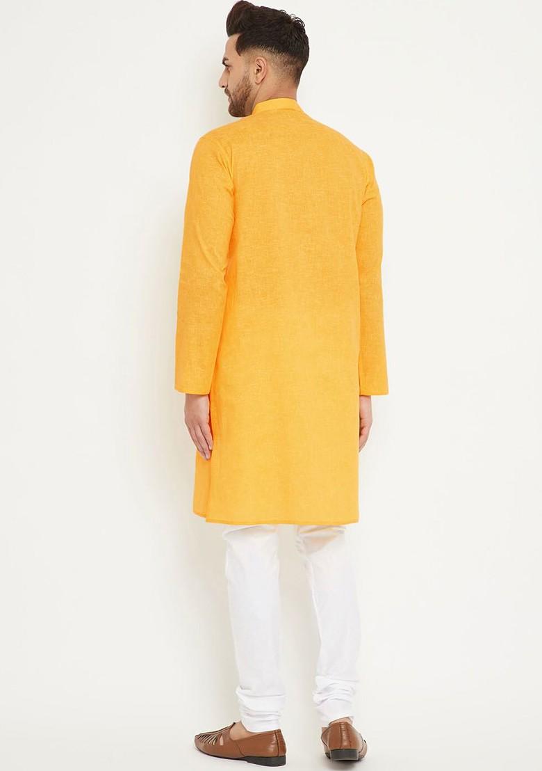 Yellow Solid Cotton Kurta Set For Men