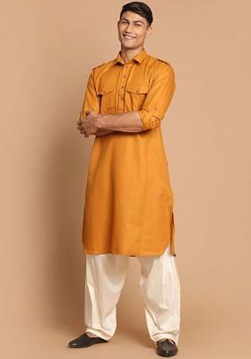 Rust Solid Poly Blend Kurta Set For Men
