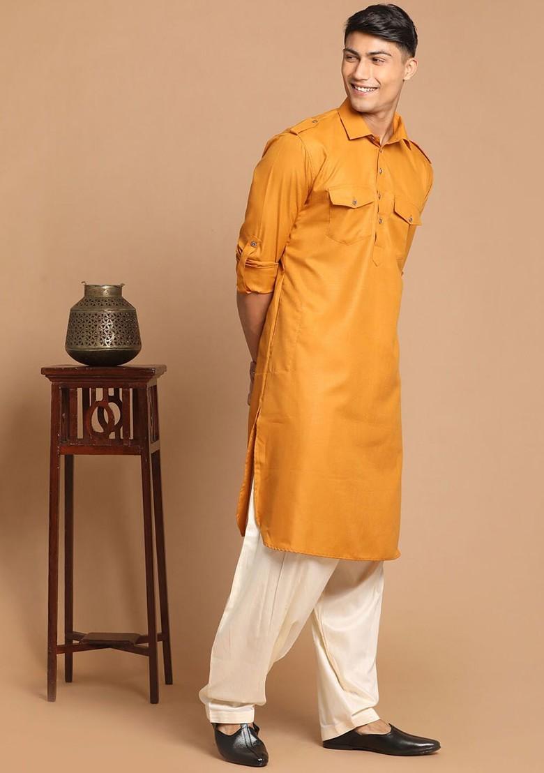 Rust Solid Poly Blend Kurta Set For Men