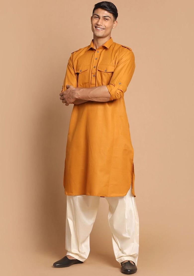 Rust Solid Poly Blend Kurta Set For Men