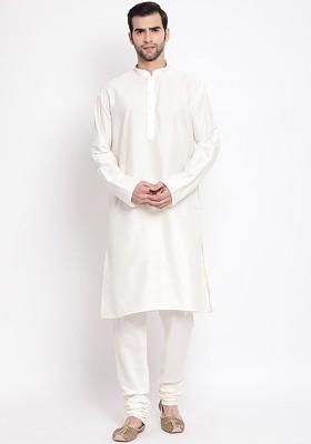 Off White Solid Poly Blend Kurta Set For Men
