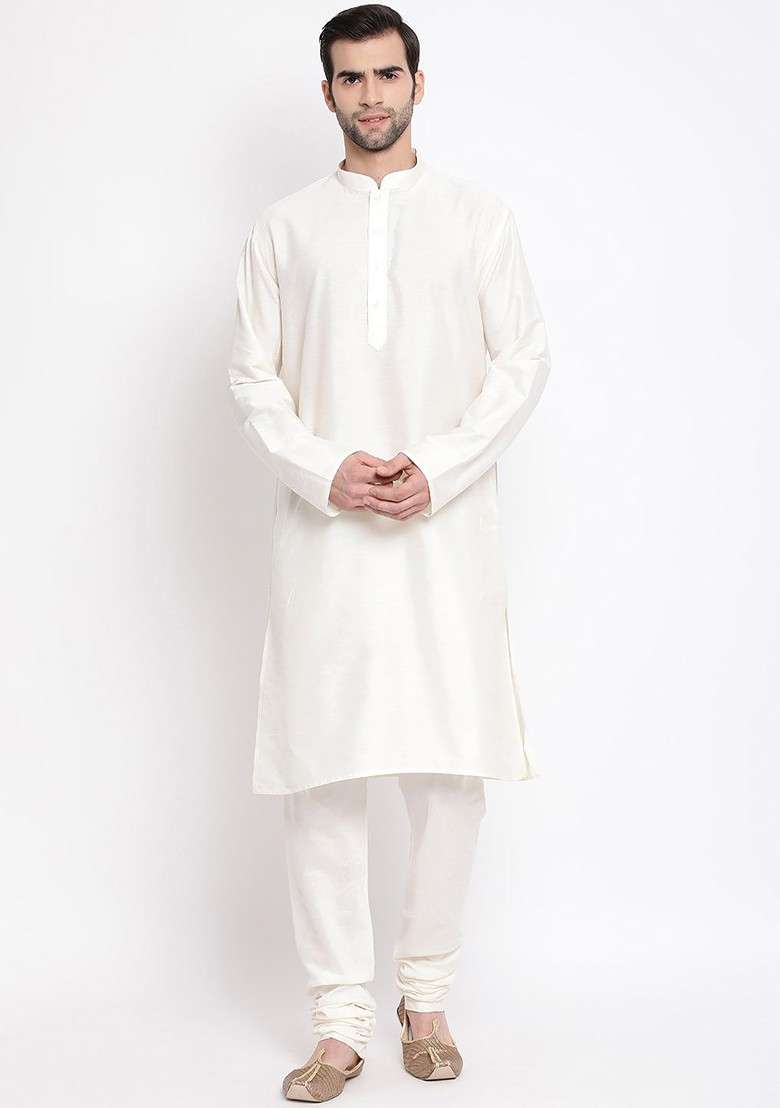 Off White Solid Poly Blend Kurta Set For Men - Indya