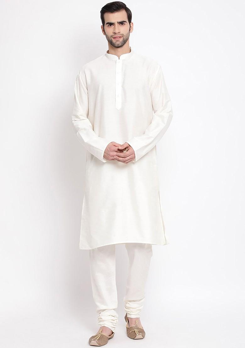 Off White Solid Poly Blend Kurta Set For Men