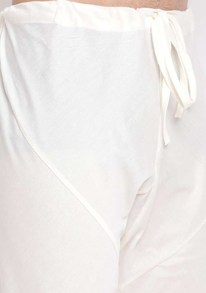 Off White Solid Poly Blend Kurta Set For Men - Indya
