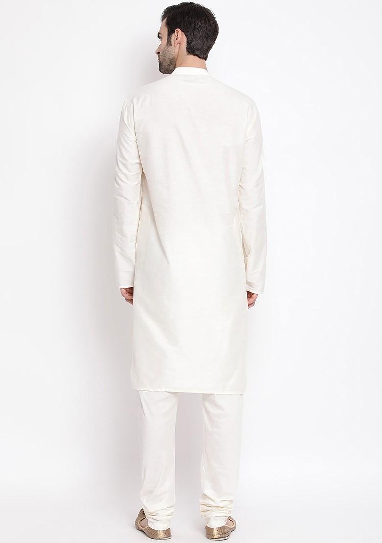 Off White Solid Poly Blend Kurta Set For Men