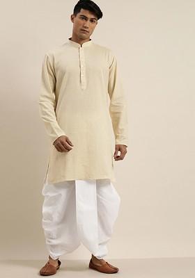 Beige Solid Cotton Kurta Set For Men